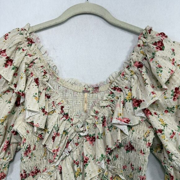 Free People Top Women S Cream Favorite Girl Crop Floral Ruffle Cottagecore Boho - Picture 6 of 13
